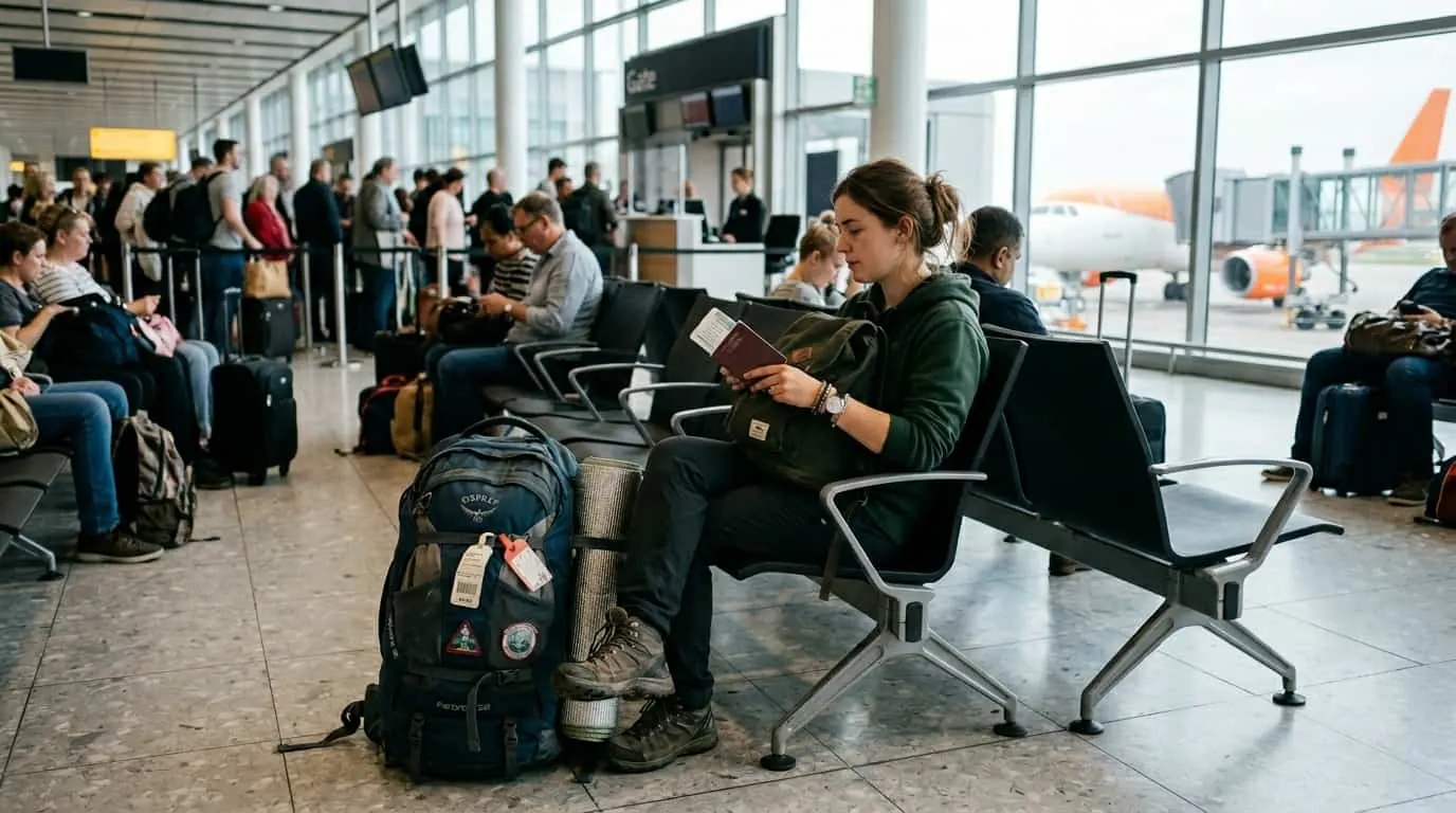 Qué revisar antes de volar con reserva online Viajera espera en la sala de embarque de un aeropuerto con mochila y pasaporte antes de tomar un vuelo reservado online.