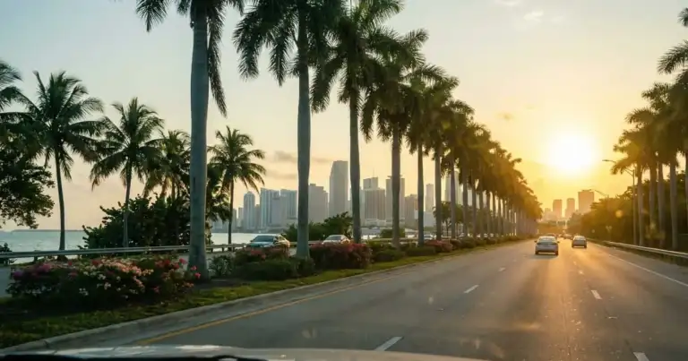 llegada a miami en auto carretera con palmeras skyline florida