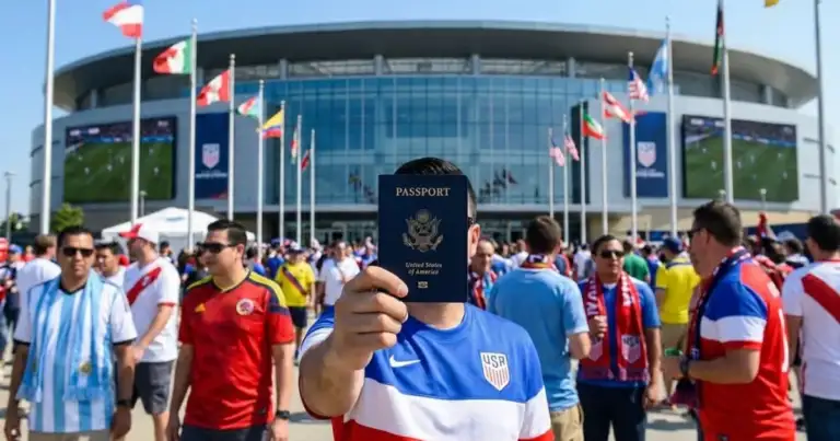Aficionado frente a estadio mostrando pasaporte para viajar al Mundial 2026 en Estados Unidos