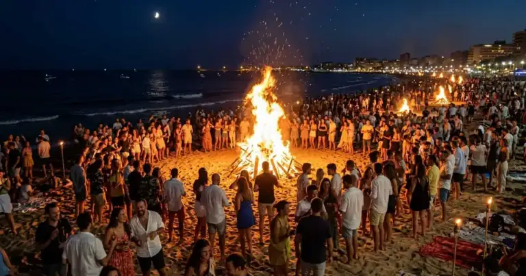 hogueras de la noche de san juan en la playa con gente celebrando