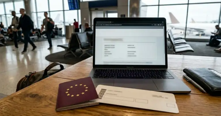 Pasaporte europeo junto a laptop con formulario online de ESTA en un aeropuerto para viajar a Estados Unidos.