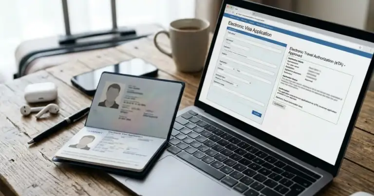 Pasaporte junto a laptop con formulario de visa electrónica y aprobación de autorización de viaje (ETA/ESTA).