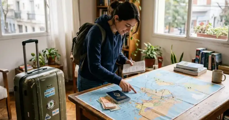 persona planificando viaje con mapa y pasaporte desde argentina