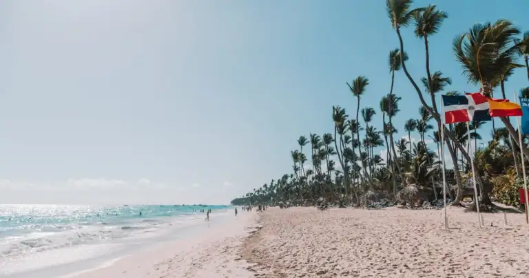 Playa de Punta Cana con arena blanca, palmeras y mar turquesa durante un día soleado.