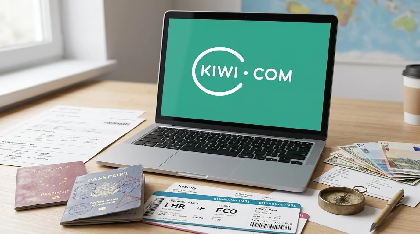 Reservar vuelos en Kiwi.com Computadora portátil con Kiwi.com abierta sobre escritorio con pasaportes y pase de abordar para reservar vuelos online.