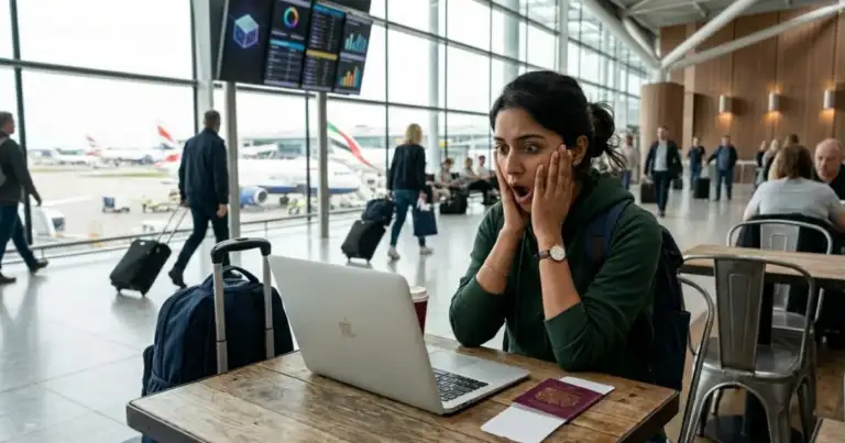 Viajera sorprendida frente a una laptop en un aeropuerto al revisar el precio o estado de un vuelo ya comprado.