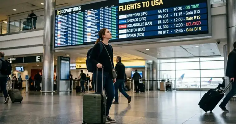 Viajera en aeropuerto revisando vuelos a Estados Unidos y fechas más baratas para viajar en 2026