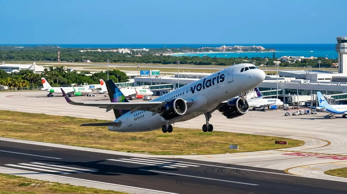 Vuelos low cost en México con Volaris Avión de Volaris despega desde un aeropuerto de México, una de las aerolíneas low cost más usadas para vuelos nacionales.