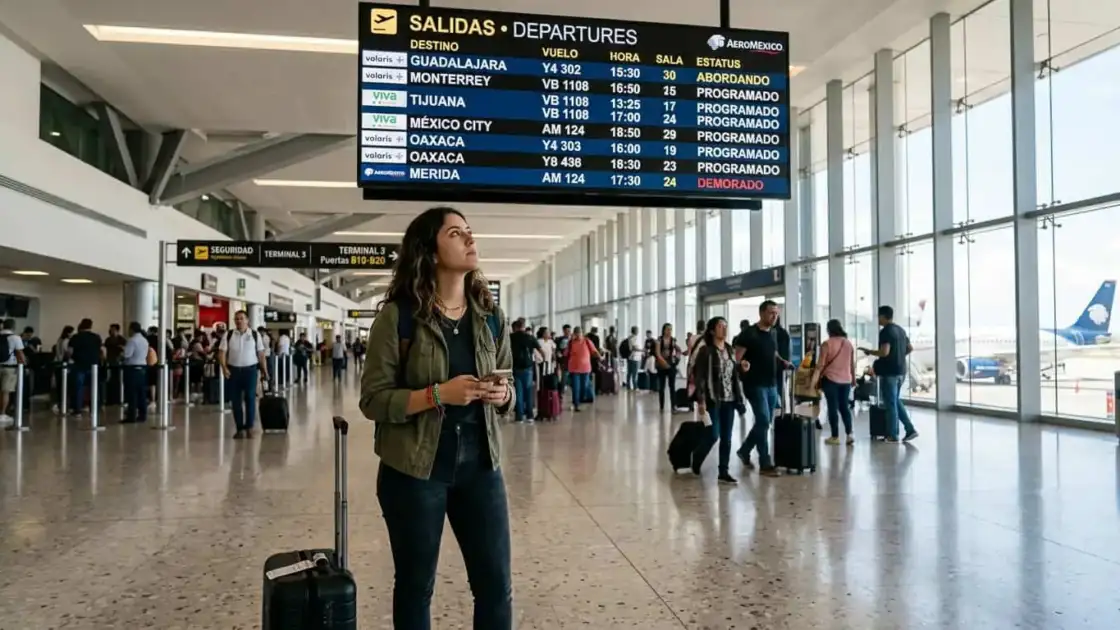 Pasajera consulta el panel de salidas en un aeropuerto de México antes de tomar un vuelo low cost nacional.