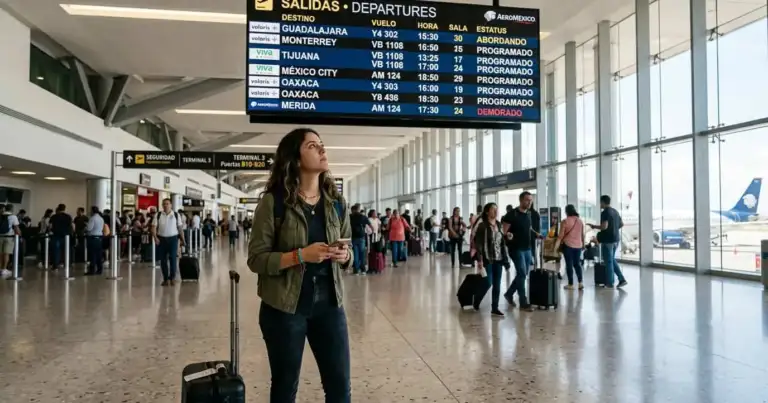 Pasajera consulta el panel de salidas en un aeropuerto de México antes de tomar un vuelo low cost nacional.
