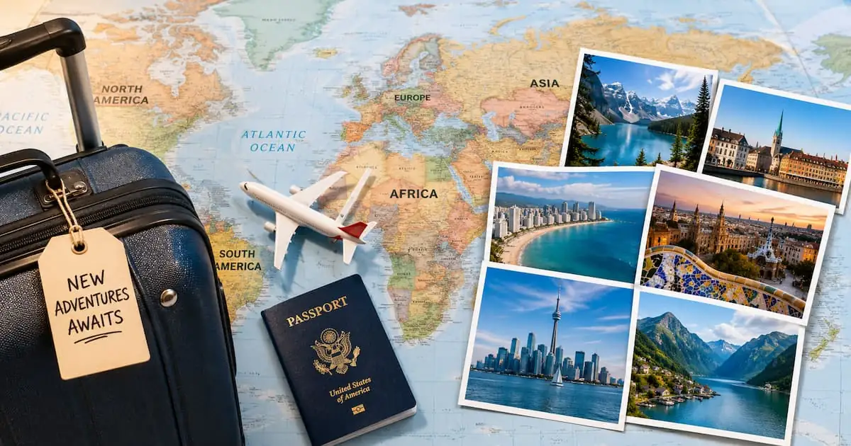 Composición de viaje con mapa, pasaporte, maleta y fotos de destinos