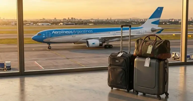 Equipaje de mano y valijas frente a avión de Aerolíneas Argentinas tras cambios en la tarifa base