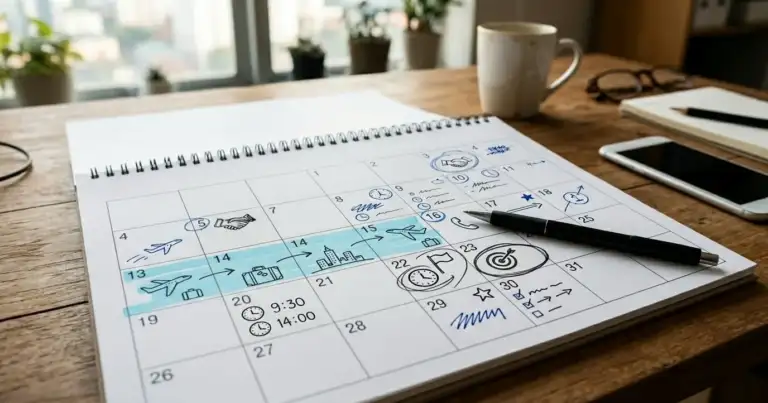 Calendario con fechas marcadas y símbolos de viajes, ideal para representar temporadas de ofertas de vuelos y promociones aéreas