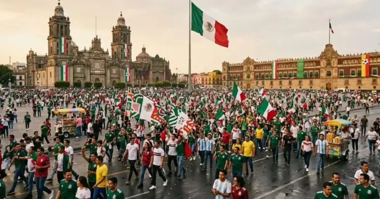 Multitud de aficionados con banderas de México caminando por el Zócalo de Ciudad de México, una escena que anticipa el ambiente cultural y futbolero rumbo al Mundial 2026.