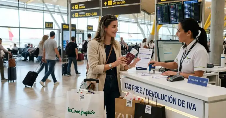 Viajera en un aeropuerto de España realizando el trámite de tax free para pedir la devolución del IVA con el sistema DIVA.