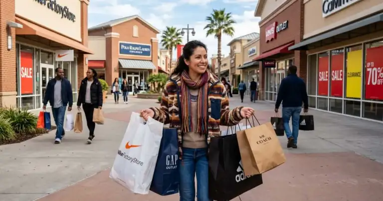 Mujer comprando ropa en outlets de Estados Unidos con bolsas de marcas reconocidas