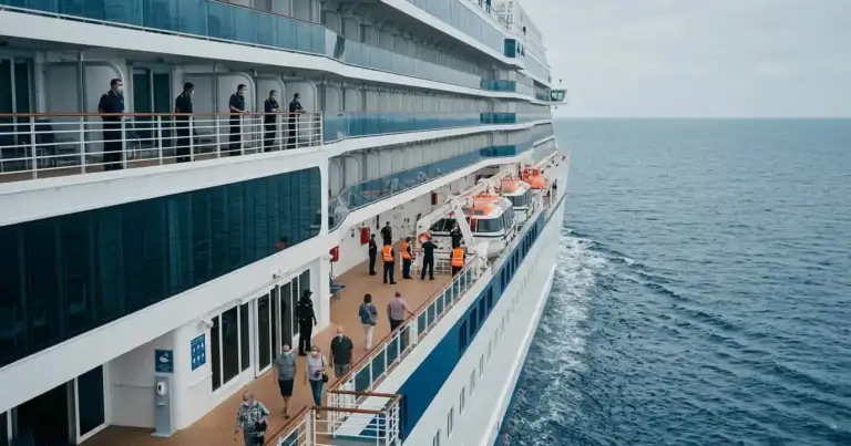 Pasajeros y tripulación en la cubierta de un crucero navegando en mar abierto
