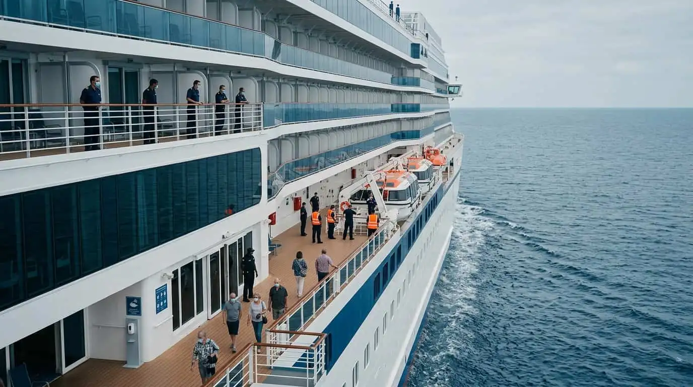 Pasajeros y tripulación en la cubierta de un crucero navegando en mar abierto