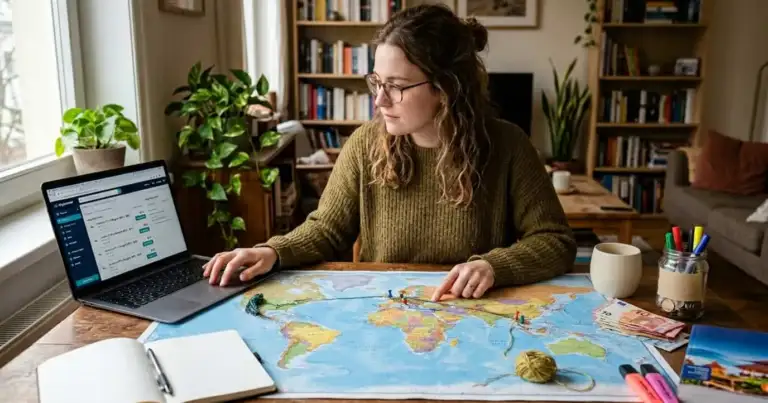 Persona planificando un viaje con mapa y computadora para encontrar vuelos baratos desde Argentina