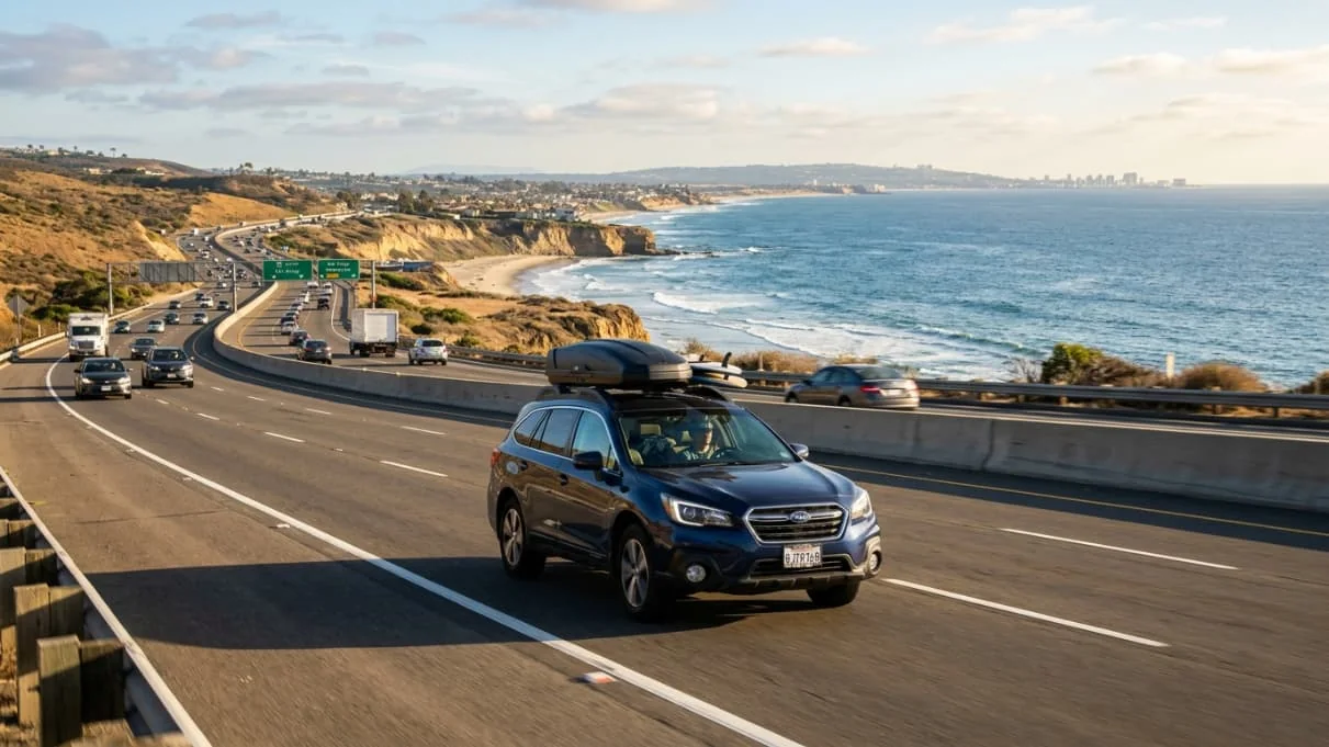 Auto viajando por una autopista costera del sur de California, una ruta habitual para ir de Los Ángeles a San Diego.