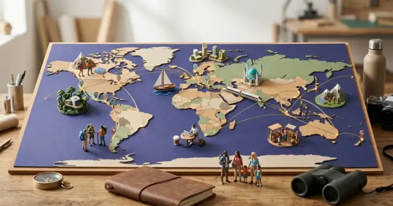 Mapa del mundo con rutas de viaje, miniaturas de destinos y figuras de viajeros, una imagen que representa el crecimiento de nuevos destinos turísticos más allá de París y Nueva York.