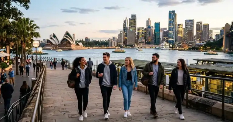 Grupo de estudiantes internacionales caminando frente a la Ópera de Sídney con el skyline de la ciudad al fondo.