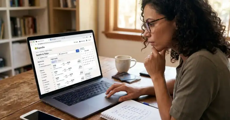 Persona comparando precios y opciones de vuelos en Expedia desde una laptop antes de reservar un viaje