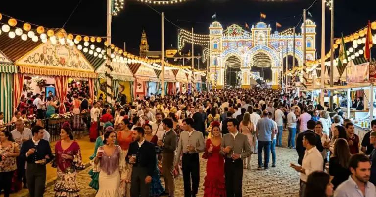 Ambiente nocturno en la Feria de Córdoba con casetas iluminadas y gente vestida de flamenco.