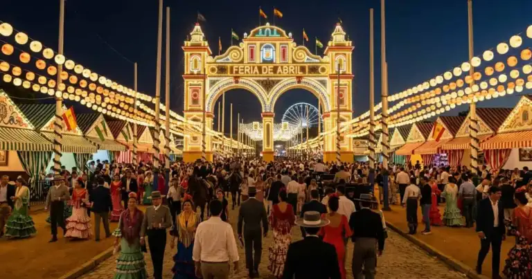 Estructura ornamental dorada de noche con multitud de personas y decoraciones