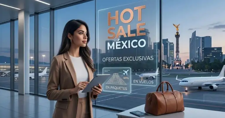 Imagen promocional del Hot Sale México 2026 con ofertas de vuelos y paquetes de viaje en un aeropuerto.