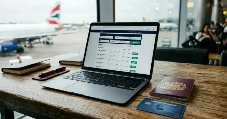 Búsqueda de vuelos baratos en laptop con avión de fondo en aeropuerto