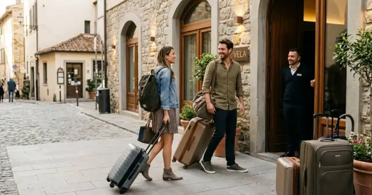 Pareja llegando a un hotel con valijas en una calle de estilo europeo, una imagen que representa el hotel hopping y la idea de cambiar de alojamiento durante un mismo viaje.