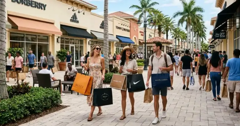 Viajeros caminando con bolsas de compras por un outlet de Florida con tiendas de marcas reconocidas, una imagen que representa las compras en Miami, Orlando y otras ciudades del estado.