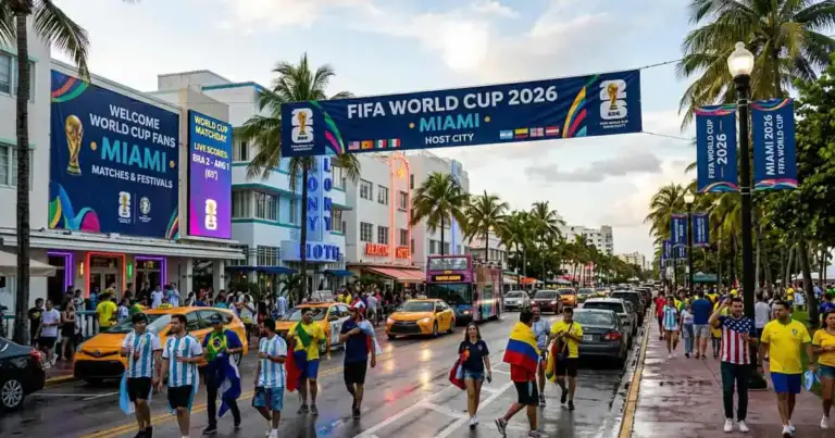 Fans caminando por Miami Beach durante el Mundial 2026 con calles llenas y ambiente festivo.