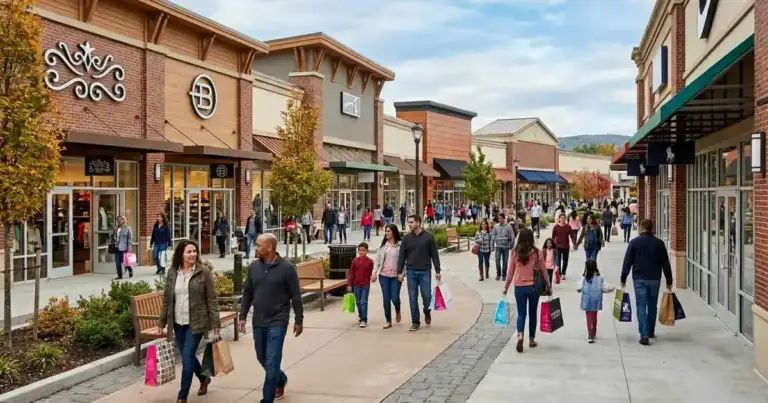 Personas comprando en un outlet en Estados Unidos con bolsas y tiendas de marcas.