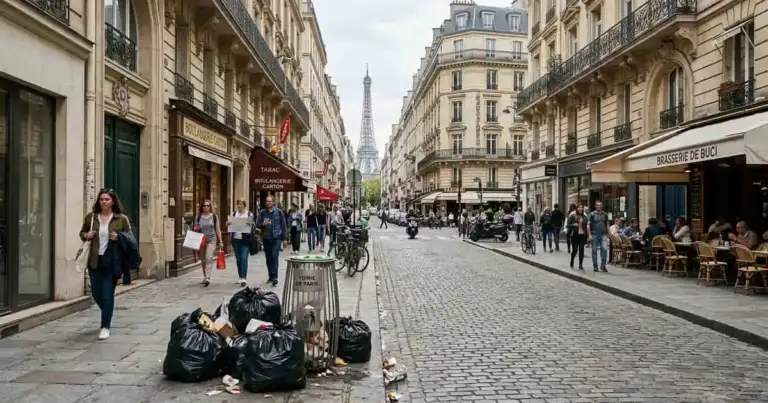 Calle de París con bolsas de basura acumuladas en la vereda y la Torre Eiffel al fondo, en una nota sobre el plan de limpieza de la ciudad.