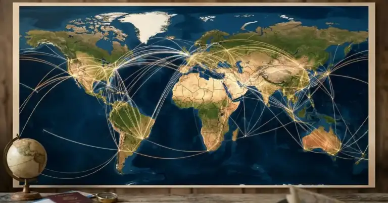 Mapa mundial con rutas de vuelos, ejemplo de pasaje vuelta al mundo con múltiples destinos