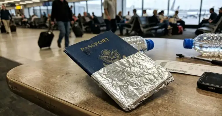 Pasaporte envuelto en papel aluminio sobre una mesa en un aeropuerto, en referencia al truco viral para proteger datos del documento