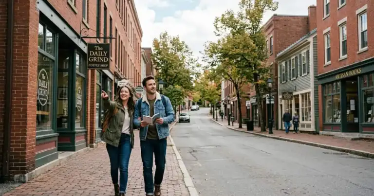 Pareja caminando por una calle tranquila de una ciudad pequeña de Estados Unidos, una imagen que representa el auge de las secondary cities como destinos menos obvios que ganan viajeros.