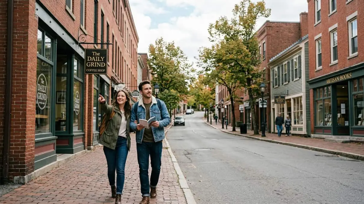 Pareja caminando por una calle tranquila de una ciudad pequeña de Estados Unidos, una imagen que representa el auge de las secondary cities como destinos menos obvios que ganan viajeros.
