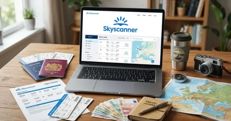 Notebook con la página de Skyscanner abierta junto a pasaportes, pasajes, dinero y mapa de viaje, una imagen que representa la búsqueda de vuelos y las dudas sobre si Skyscanner es confiable antes de comprar.