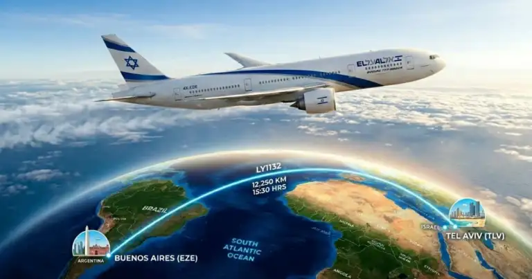 Ruta del vuelo directo Buenos Aires a Tel Aviv mostrando distancia y recorrido entre Argentina e Israel