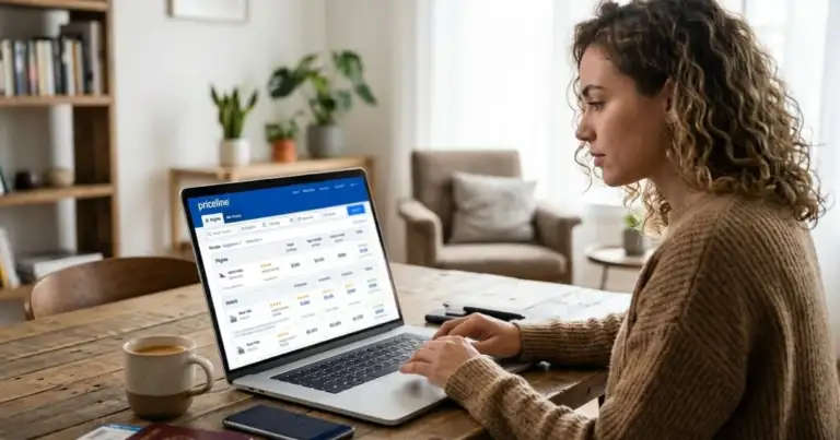 Viajera revisando precios de hoteles y vuelos en Priceline desde una laptop antes de reservar un viaje.