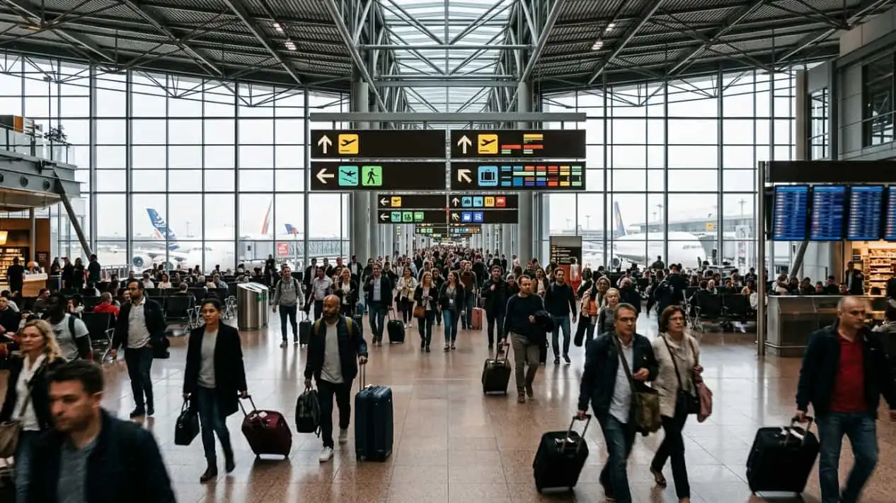Pasajeros caminan por una terminal de aeropuerto durante conexiones y vuelos internacionales.