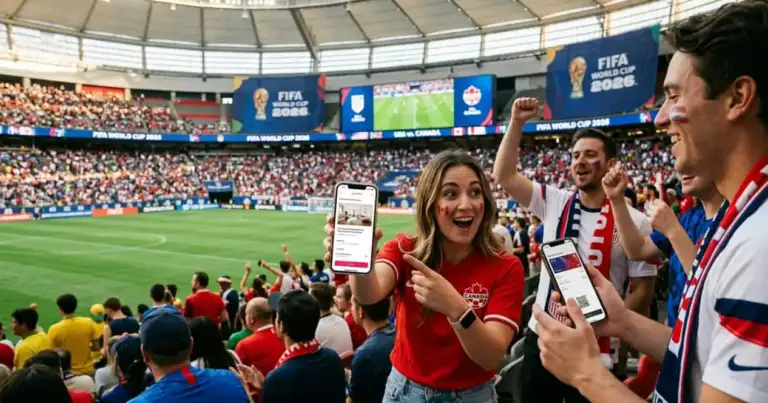 Hinchas en un estadio del Mundial 2026 muestran sus celulares, imagen relacionada con entradas y reservas de alojamiento en Airbnb.