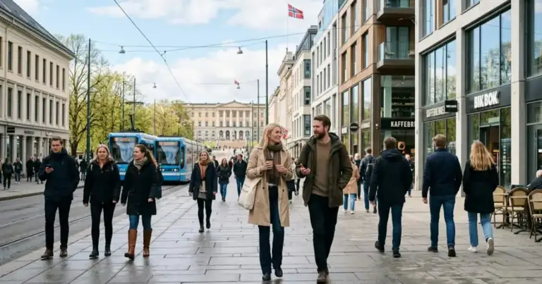 Personas caminando por una calle de Oslo con tranvía al fondo y banderas de Noruega, imagen vinculada a un artículo sobre la altura media en Noruega.