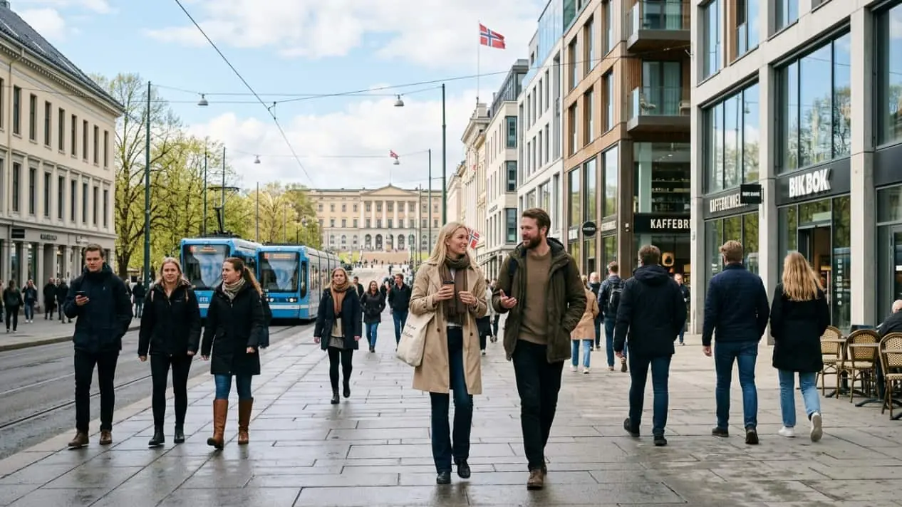 Personas caminando por una calle de Oslo con tranvía al fondo y banderas de Noruega, imagen vinculada a un artículo sobre la altura media en Noruega.