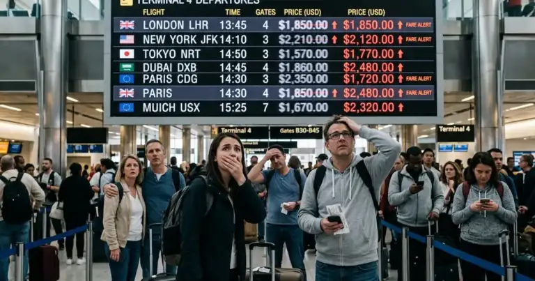 personas se agarran la cabeza al ver en las pantallas los precios de los tkts aereos