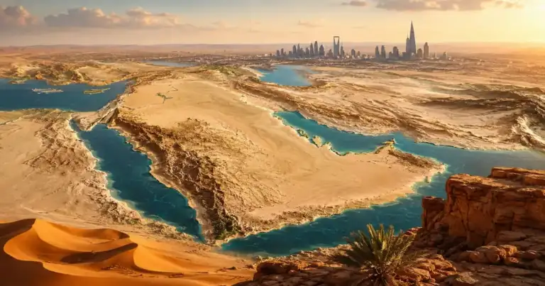 Mapa de Arabia Saudita en Medio Oriente, ubicada entre el mar Rojo y el golfo Pérsico