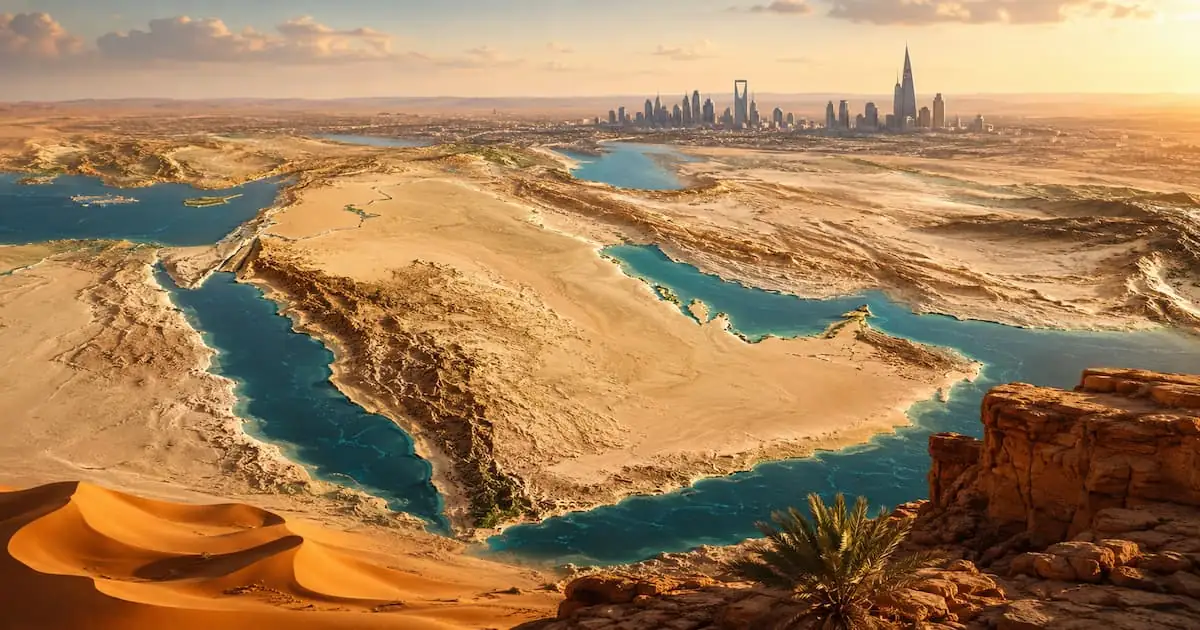 Mapa de Arabia Saudita en Medio Oriente, ubicada entre el mar Rojo y el golfo Pérsico